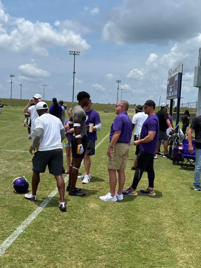 Woodlawn cornerback Jordan Matthews catches up with LSU head coach Brian Kelly at the LSU 7-on-7 camp Friday, June 10.