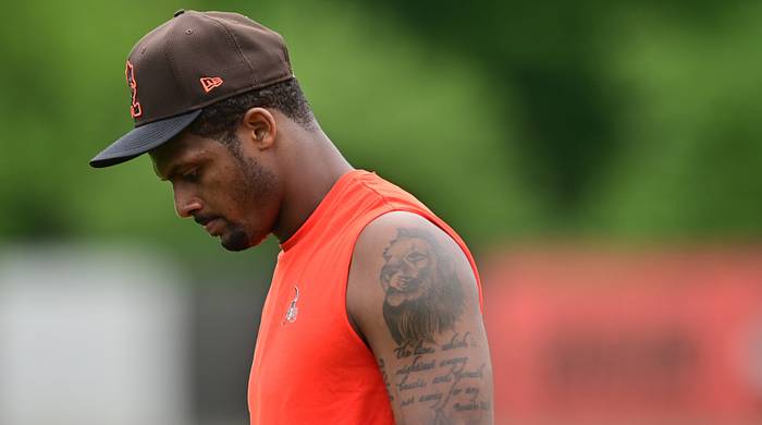 Browns quarterback Deshaun Watson (4) looks down while walking off the field during organized team activities.