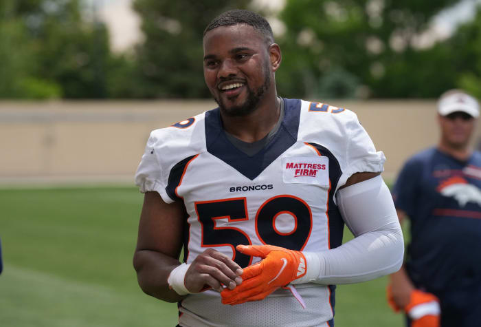 Denver Broncos outside linebacker Malik Reed (59) speaks to the media following OTA workouts at the UC Health Training Center.