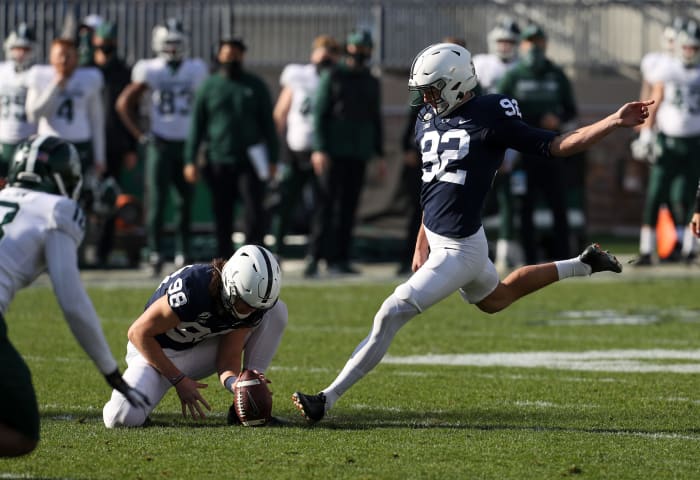 Dec 12, 2020; University Park, Pennsylvania, USA; Penn State Nittany Lions kicker Jake Pinegar (92) kicks a field goal during the first quarter against the Michigan State Spartans at Beaver Stadium. Penn State defeated Michigan State 39-24. Mandatory Credit: Matthew OHaren-USA TODAY Sports