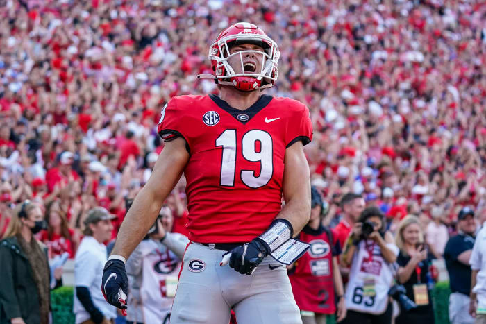 October 16, 2021; Athens, Georgia, USA. Georgia Bulldogs tight end Brock Bowers, 19, reacts after scoring a touchdown against Kentucky's Wildcats in the second half at Sanford Stadium. Mandatory Credit: Dale Zanine-USA TODAY Sports