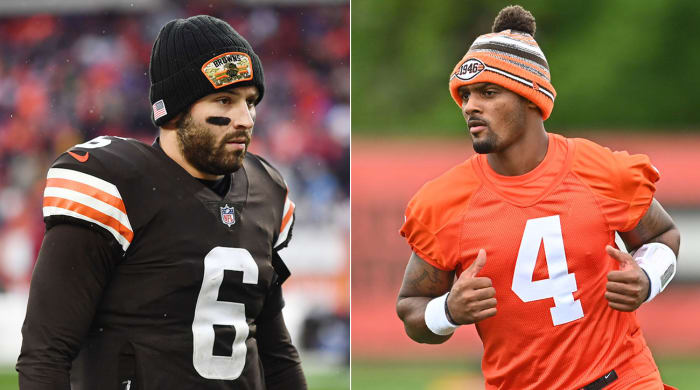 Separate photos of Baker Mayfield and Deshaun Watson in Browns jerseys.