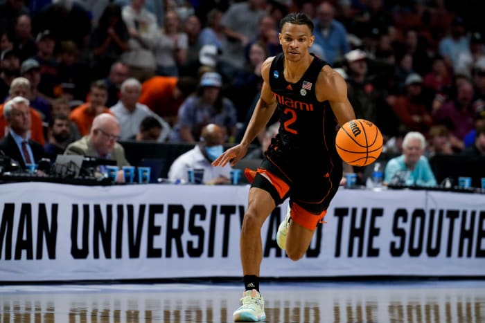 Miami Hurricanes (FL) guard Isaiah Wong (2) drives the ball downfield against the Auburn Tigers in the second half during the second round of the 2022 NCAA Tournament at Bon Secours Wellness Arena.