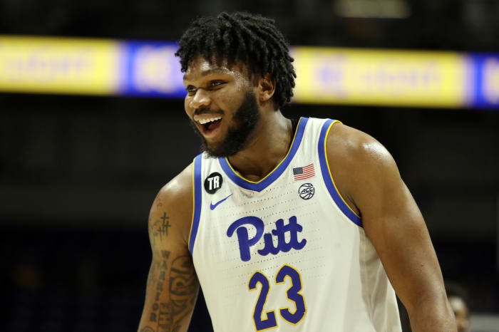 Pittsburgh Panthers forward John Hugley (23) reacts on the field against the Boston College Eagles during the second half at the Petersen Events Center.