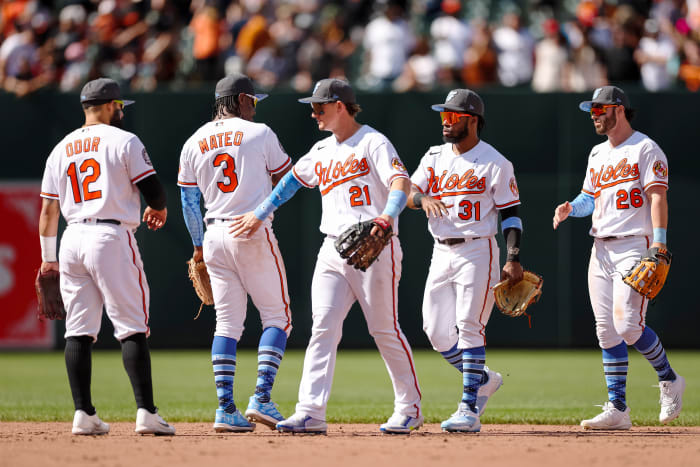 Jun 19, 2022; Baltimore, Maryland, USA; Baltimore Orioles second baseman Rougned Odor (12), shortstop Jorge Mateo (3), left fielder Austin Hays (21), center fielder Cedric Mullins (31), and right fielder Ryan McKenna (26) celebrate after the game against the Tampa Bay Rays at Oriole Park at Camden Yards.