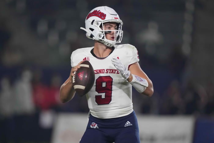 Fresno State Bulldogs quarterback Jake Haener (9) throws the ball against the San Diego State Aztecs in the first half at Dignity Health Sports Park.