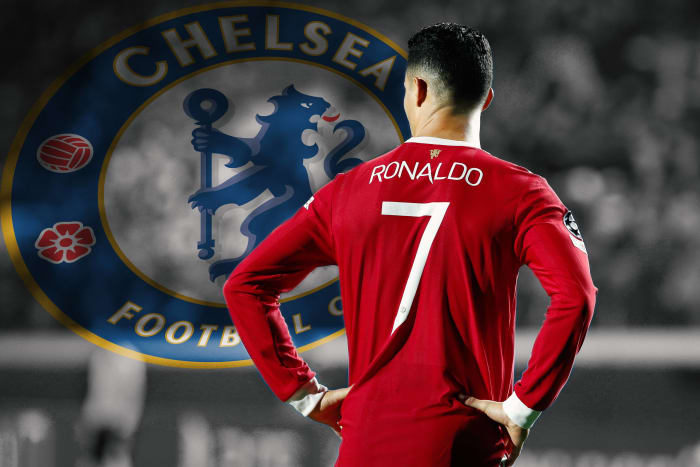 Cristiano Ronaldo is seen wearing a Manchester United shirt next to the huge Chelsea Crest