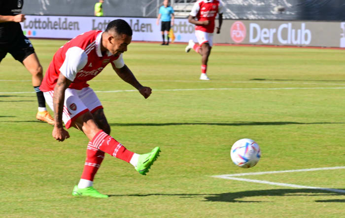Gabriel Jesus pictured shooting to score his first Arsenal goal on his debut in a pre-season friendly against Nurnberg