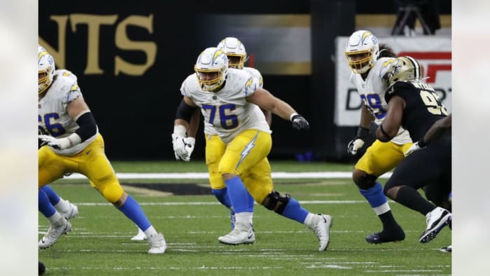 Former Chargers G Forrest Lamp (76) against the New Orleans Saints during a 2020 game Credit: neworleanssaints.com 
