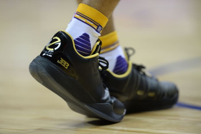A detailed view of Los Angeles Lakers goaltender Lonzo Ball's sneakers during the first half against the Boston Celtics at Thomas & Mack Arena.