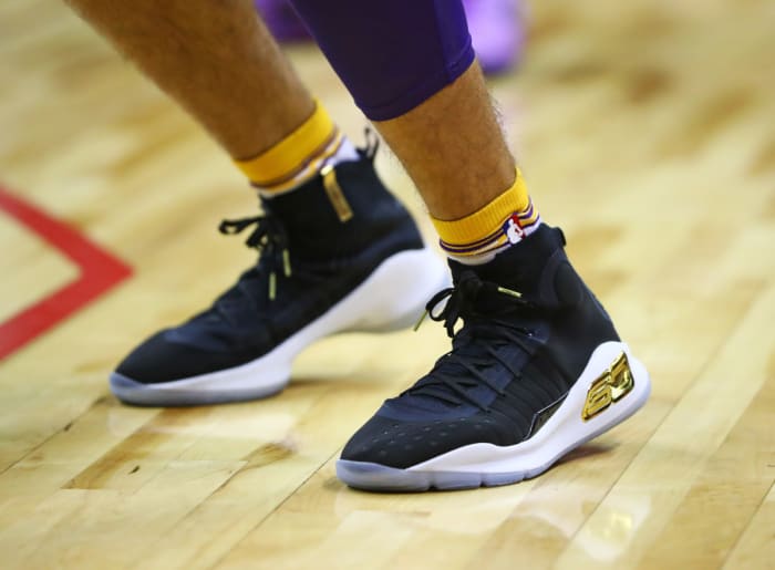 Detail view of Stephen Curry themed shoes manufactured by Under Armor worn by Los Angeles Lakers goaltender Lonzo Ball against the Brooklyn Nets in the first half during an NBA Summer League game at the Thomas & Mack Center.