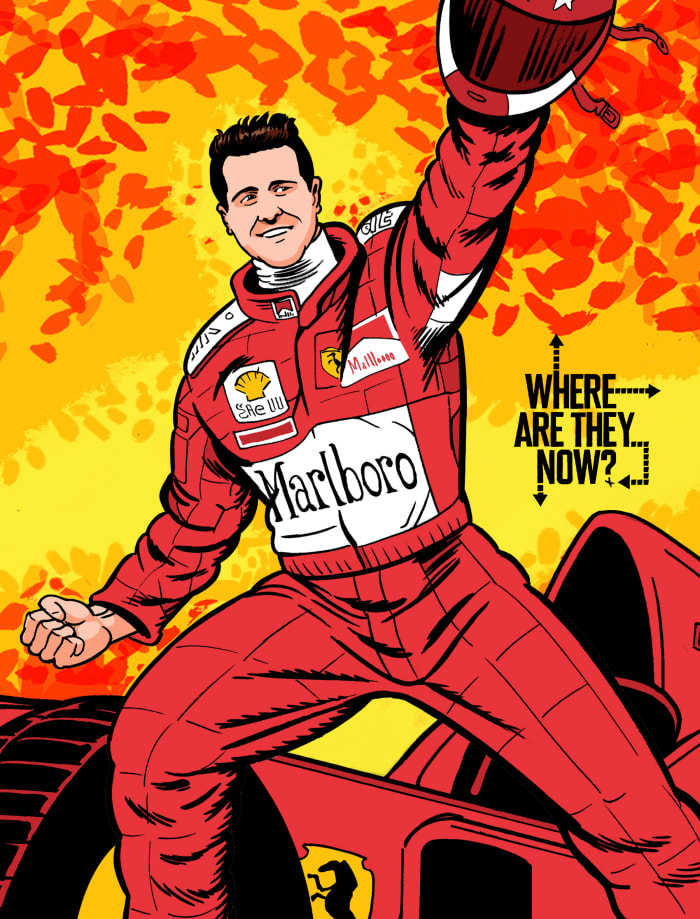 Illustration of Schumacher triumphantly standing in front of his car.