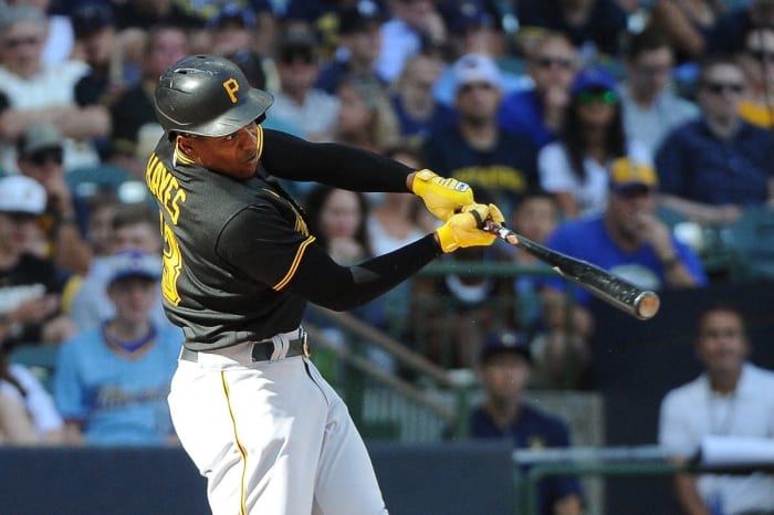 Jul 9, 2022;  Milwaukee, Wisconsin, USA;  Pittsburgh Pirates third baseman Ke'Bryan Hayes (13) at bat in the sixth inning against the Milwaukee Brewers at American Family Field.  Mandatory Credit: Michael McLoone-USA TODAY Sports