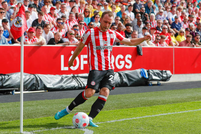Christian Eriksen pictured playing for Brentford in May 2022
