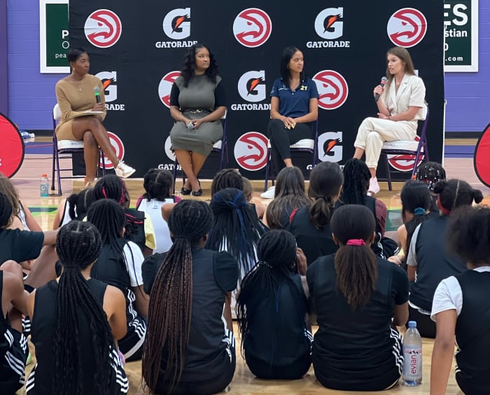 Hawks Lady Ballers Summer Hoop Fest presented by Gatorade – Atlanta Dream Events Activations Manager Jada Coggins (far left), Dream Director of Human Resources Dominique Wallace (near left), Laureus Sport for Good USA Director of Marketing and Partnerships Rachelle Patel (near right) and Hawks Senior Manager Brand Experience and Activation KK Salmonsen (far right).