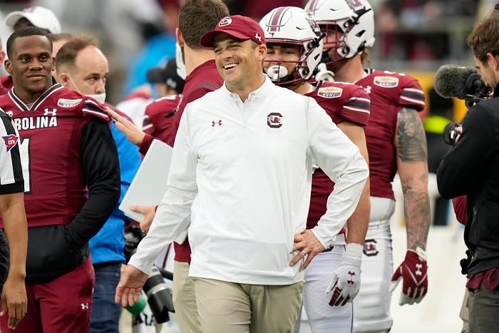 Dec 30, 2021; Charlotte, NC, USA; South Carolina Gamecocks head coach Shane Beamer late during the second half against the North Carolina Tar Heels at Bank of America Stadium. Mandatory Credit: Jim Dedmon-USA TODAY Sports