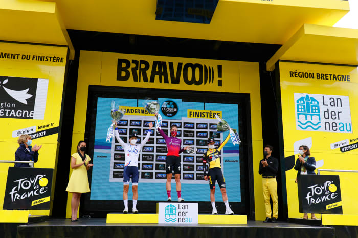 Marianne Vos of the Netherlands (far right on podium) took third place in the La Course by Le Tour in 2021 and will compete for Team Jumbo-Visma in this year’s Tour de France Femmes, with Labecki.
