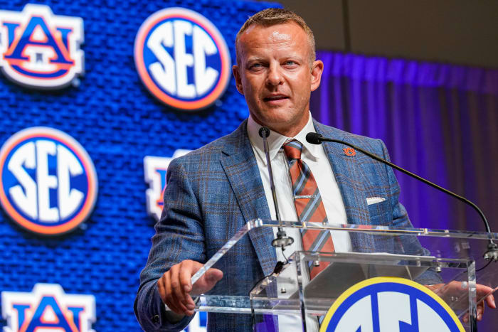 July 21, 2022; Atlanta, Georgia, USA; Auburn Tigers head coach Brian Hersin appeared on stage at the College Football Hall of Fame at SEC Media Days. Required Credits: Dale Zanine-USA TODAY Sports