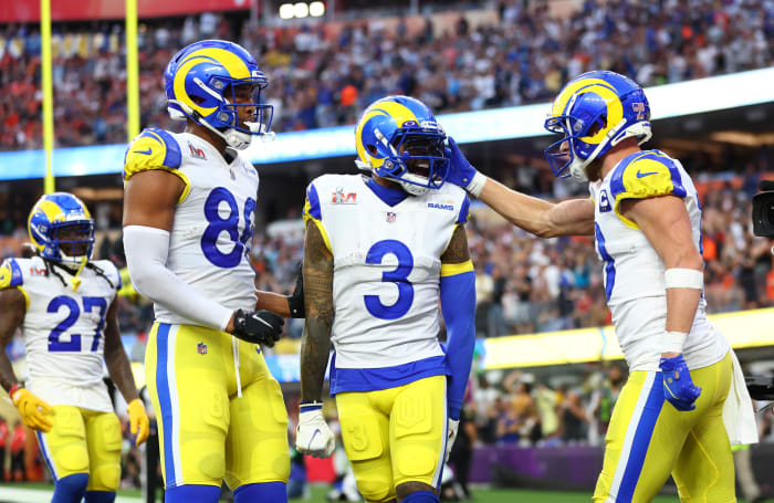 Feb 13, 2022; Inglewood, CA, USA; Los Angeles Rams wide receiver Cooper Kupp (right) celebrates with wide receiver Odell Beckham Jr. (3) after catching a touchdown pass against the Cincinnati Bengals during the second quarter in Super Bowl LVI at SoFi Stadium.