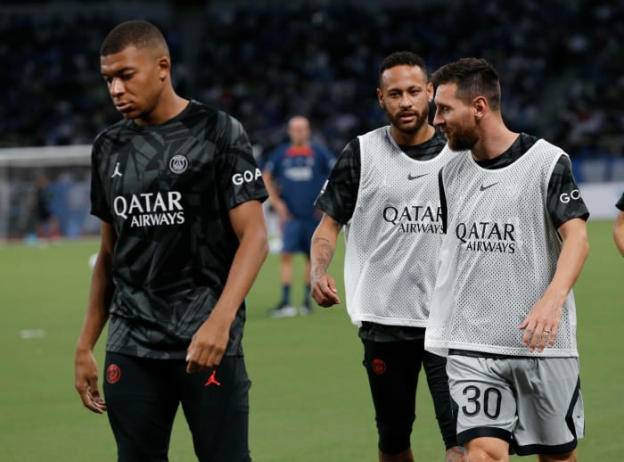 Kylian Mbappe (left), Neymar (center) and Lionel Messi (right) pictured in Japan during PSG's pre-season tour in 2022