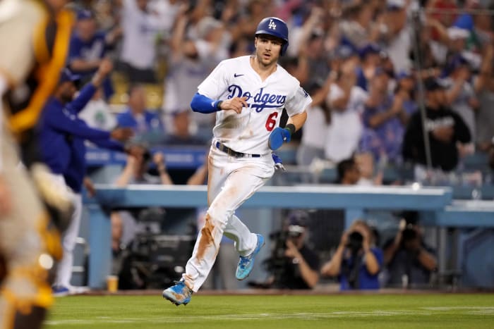 July 1, 2022; Los Angeles, CA, USA; Los Angeles Dodgers shortstop Trea Turner, 6, rounds third base to score eight innings against San Diego Padres at Dodger Stadium.