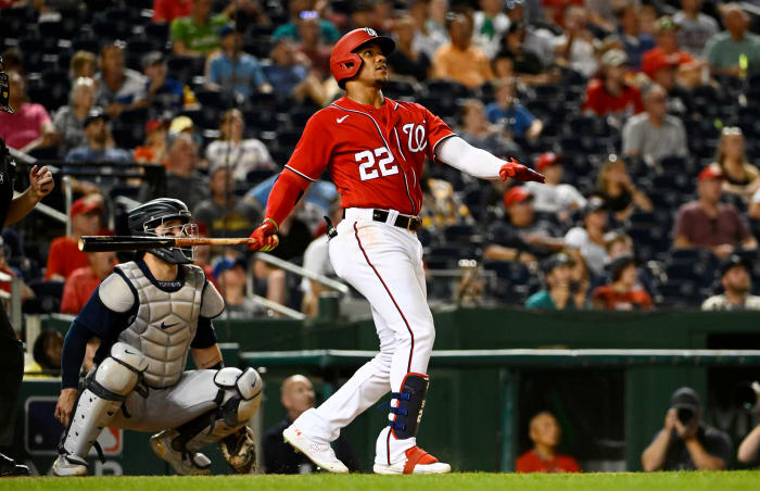 July 13, 2022. Washington, DC, USA.  Washington Nationals right fielder Juan Soto (22) watches his solo home run against the Seattle Mariners during the ninth inning at Nationals Park.