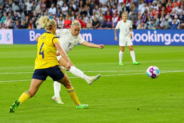 England no.7 Beth Mead pictured shooting to score against Sweden in the semi-finals of Euro 2022