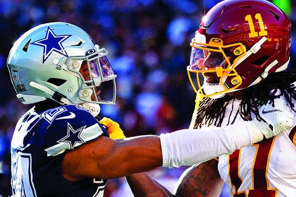 Dallas Cowboys cornerback Kelvin Joseph (24) exchanges words with Washington Football Team wide receiver Cam Sims (11) at FedExField.