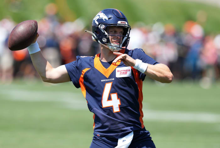 Denver Broncos quarterback Brett Rypien (4) following training camp at the UCHealth Training Center.