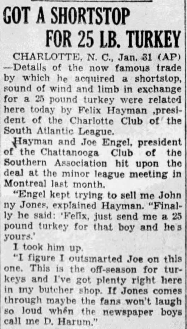 Little Leaguer Johnny Jones was traded for a 25-pound turkey after the 1930 season, according to this Associated Press story as it appeared in The Huntsville Times on Jan. 31, 1931.