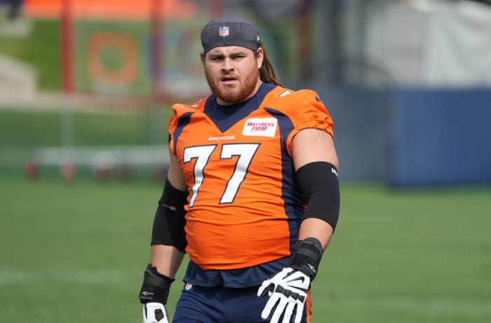 Denver Broncos guard Quinn Meinerz (77) during training camp at the UCHealth Training Center.