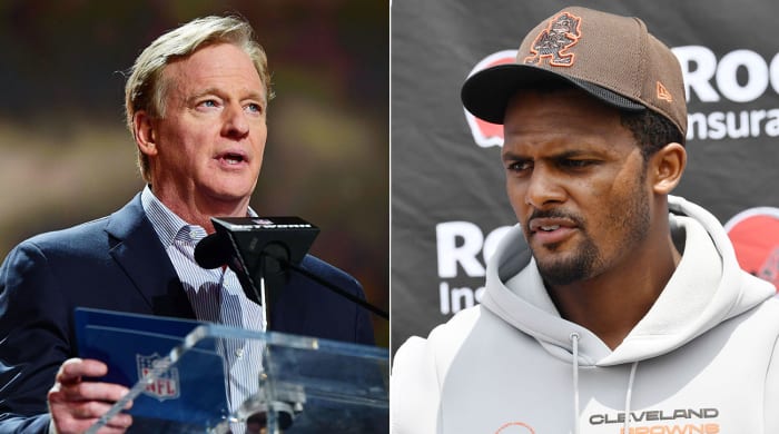 Separate photos of Roger Goodell on the podium during the draft and Deshawn Watson at the press conference