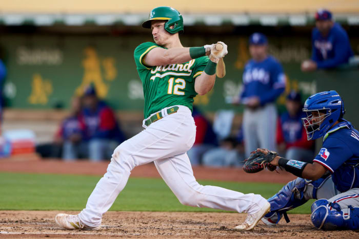 Jul 23, 2022; Oakland, California, USA; Oakland Athletics catcher Sean Murphy (12) during a fourth inning at bat against the Texas Rangers at RingCentral Coliseum.
