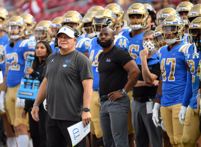 UCLA Bruins head coach Chip Kelly in the first half against the Southern California Trojans at the Los Angeles Memorial Coliseum.