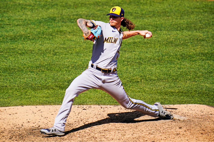 Milwaukee Brewers relief pitcher Josh Hader delivers during the ninth inning of a baseball game against the Pittsburgh Pirates in Pittsburgh, Sunday, July 3, 2022.