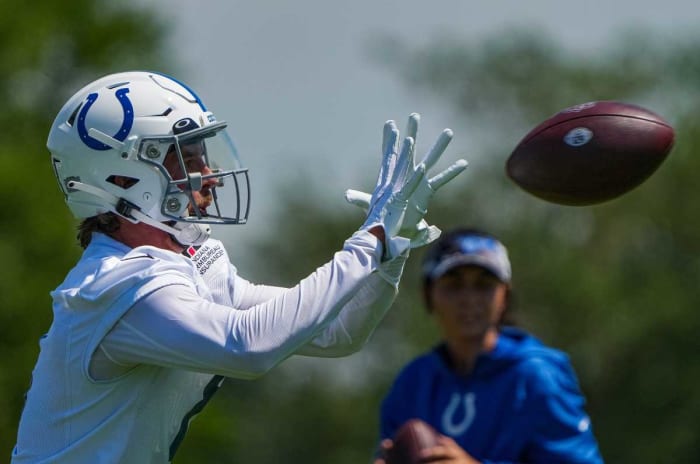 Indianapolis Colts wide receiver John Hurst (8) practices receiving during training camp Thursday, July 28, 2022, at Grand Park Sports Campus in Westfield, Ind. Indianapolis Colts Training Camp Nfl Thursday July 28 2022 At Grand Park Sports Campus In Westfield Ind