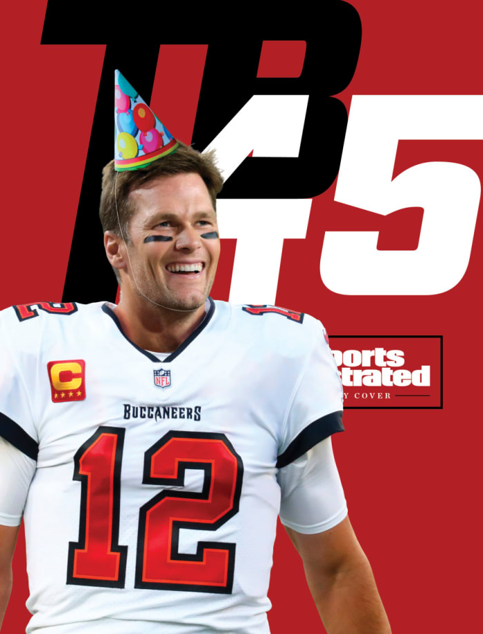 An illustration of Tom Brady wearing a birthday hat