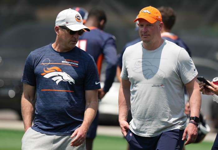 Denver Broncos General Manager George Payton and Head Coach Nathaniel Hackett during mini camp training at the UCHealth Training Center.