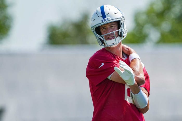 Indianapolis Colts quarterback Matt Ryan, 2, stretches during training camp at the Grand Park Sports Campus in Westfield, Indiana, Thursday, July 28, 2022.