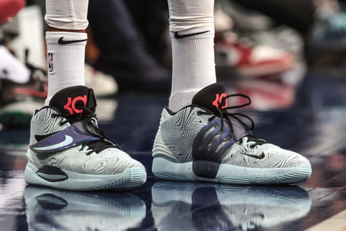 Brooklyn Nets forward Kevin Durant wore the Nike KD 14 shoes against the Philadelphia 76ers on December 30, 2021.