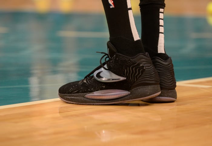 Brooklyn Nets forward Kevin Durant wears his Nike KD 14 shoes against the Charlotte Hornets on March 8, 2022.