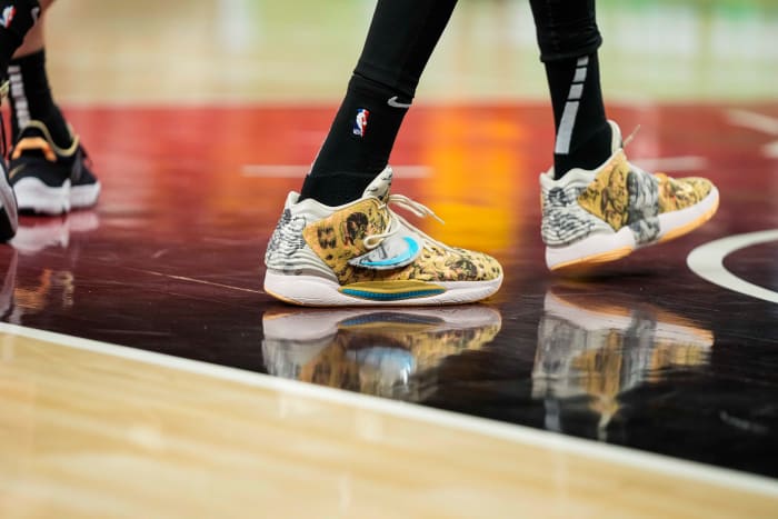 Brooklyn Nets forward Kevin Durant wears his Nike KD 14 sneakers on the court against the Atlanta Hawks on April 2, 2022.