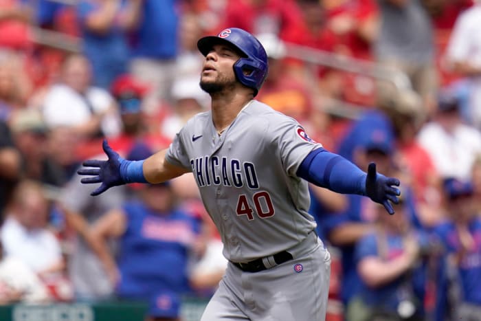 Chicago Cubs' Willson Contreras celebrates after hitting a solo home run during the first inning of the first game of a baseball doubleheader against the St. Louis Cardinals, Thursday, Aug. 4, 2022, in St. Louis.