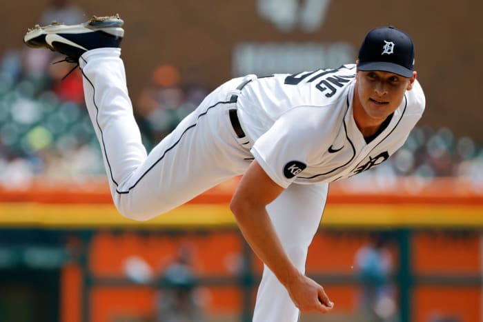 August 7, 2022;  Detroit, Michigan, USA;  Detroit Tigers starting pitcher Matt Manning (25) pitches in the second inning against the Tampa Bay Rays at Comerica Park.