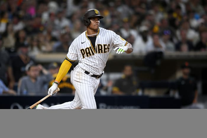 Aug 9, 2022; San Diego, California, USA; San Diego Padres right fielder Juan Soto (22) hits a double during the sixth inning against the San Francisco Giants at Petco Park.