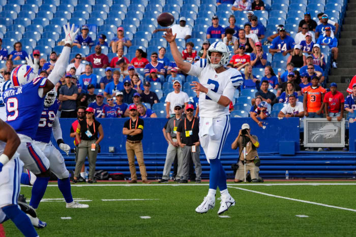 Aug 13, 2022; Orchard Park, New York, USA; Indianapolis Colts quarterback Jack Coan (3) throws a pass during the second half against the Buffalo Bills at Highmark Stadium. Mandatory Credit: Gregory Fisher-USA TODAY Sports