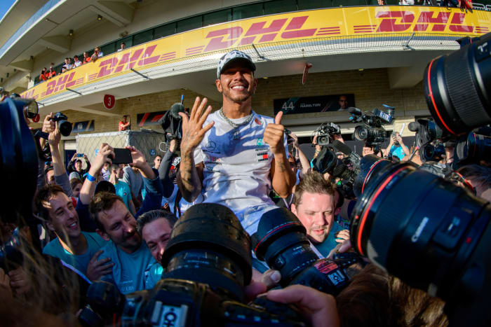 Lewis Hamilton celebrates his sixth F1 championship in 2019. Photo: USA Today Sports / Jerome Miron
