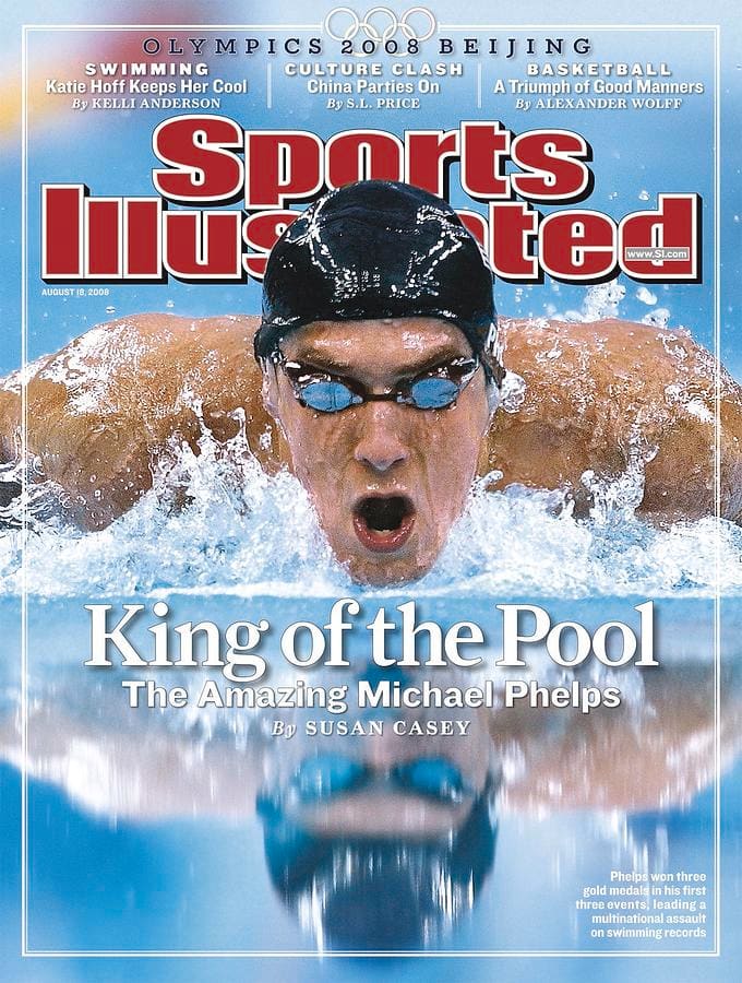 Front view of Michael Phelps on the cover of Sports Illustrated in 2008