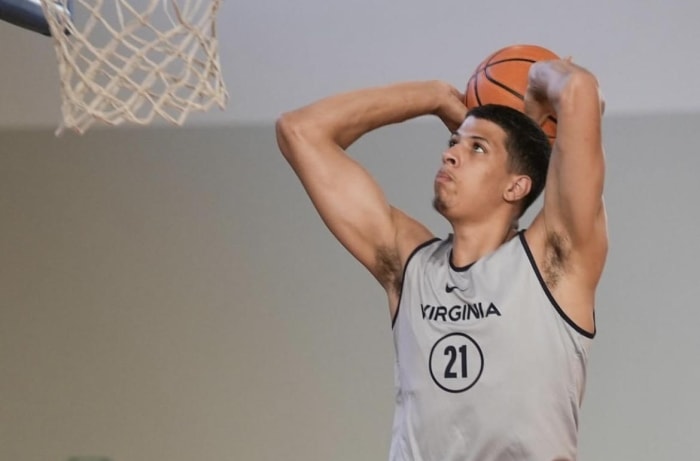 Kadin Shedrick shoots during the Virginia men's basketball game against KK Mega Basket in Rapallo, Italy.