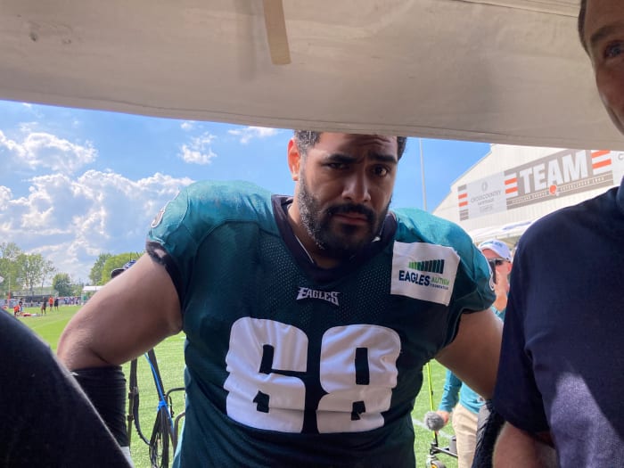 Jordan Mailata says it as he waits to enter the media tent after the second day of joint practice between the Eagles and Browns